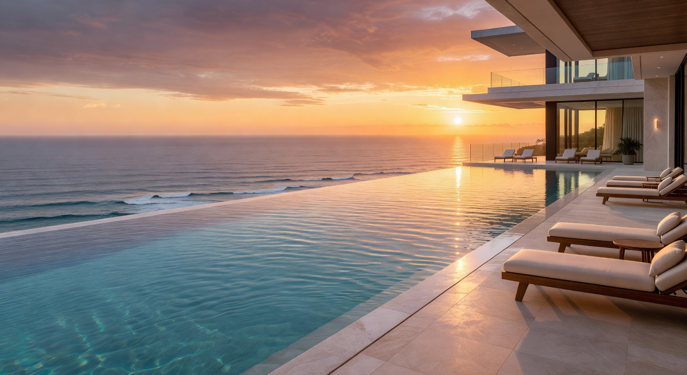 Luxury infinity pool overlooking the ocean at sunset